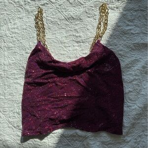 Olivaceous Dark Hot Pink Sequin Going Out Top with Gold Chain Straps